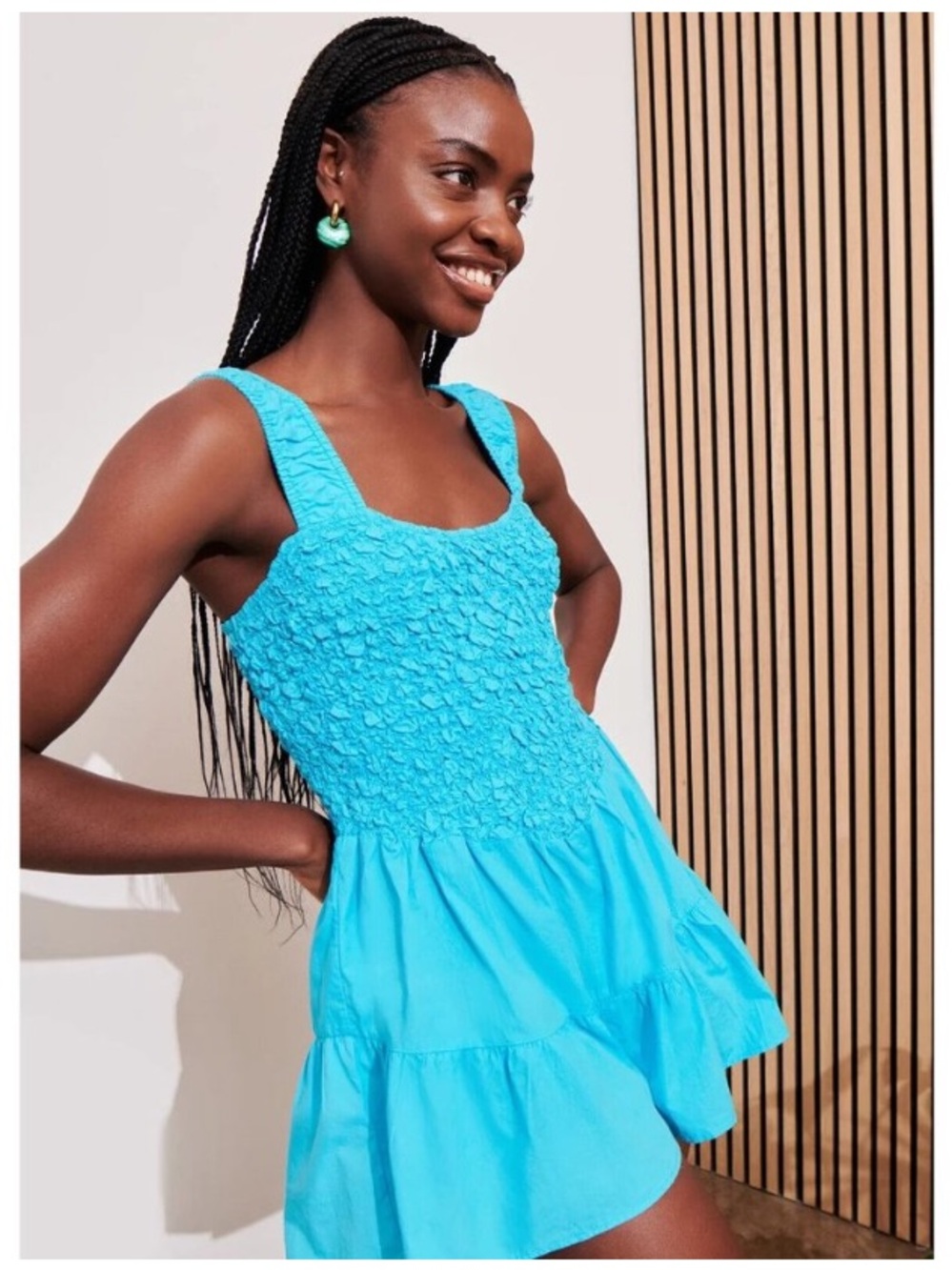 Saylor Anthropologie Marlow Bright Blue Popcorn Ruffle Smocked Romper